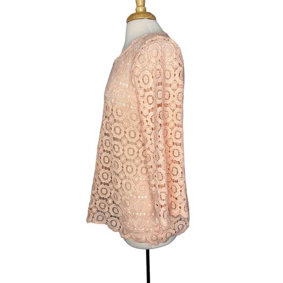 RAFELLA Peach Crochet Wide Sleeve Blouse Size Small Womens Boho Lace Pink Sheer - Picture 2 of 9